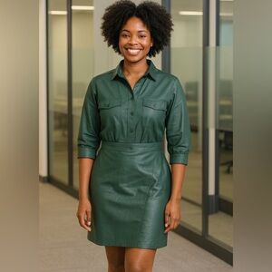 Gabrielle Union Forest Green Faux Leather Shirt Dress- Size Small